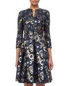 3/4-sleeve Split-neck Metallic Coat Dress, Blue Jay
