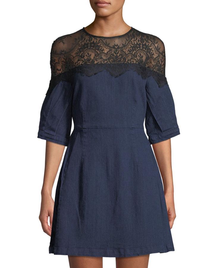 Lace-yoke Balloon-sleeve Denim Dress