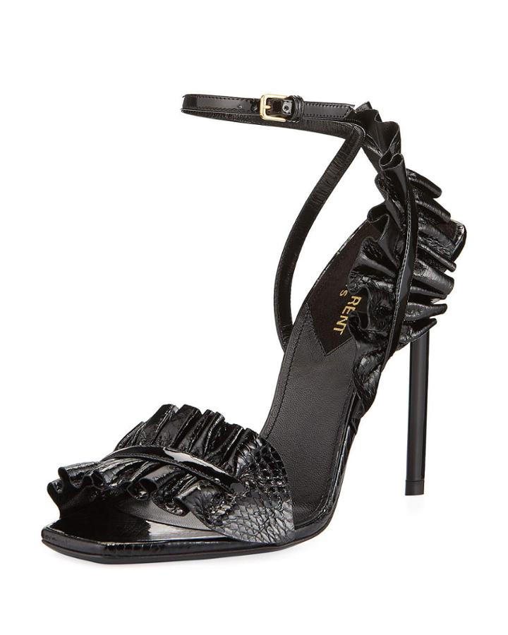 Ruffled Snakeskin 110mm Sandals, Black/gold