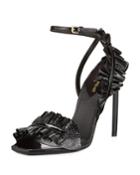 Ruffled Snakeskin 110mm Sandals, Black/gold