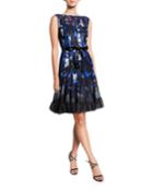 Abstract Sleeveless Pintucked Cocktail Dress