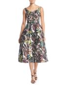 Scoop-neck Sleeveless Jungle & Monkey-print Tea-length Dress