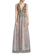 Floral Tulle V-neck Gown