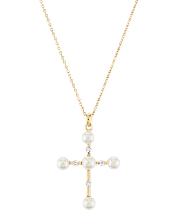 Cubic Zirconia & Pearly Cross Pendant Necklace