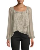 Lace-front Fold-over Silk Blend Blouse