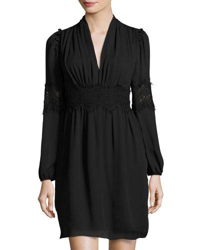 Lace-trim Chiffon Dress, Black