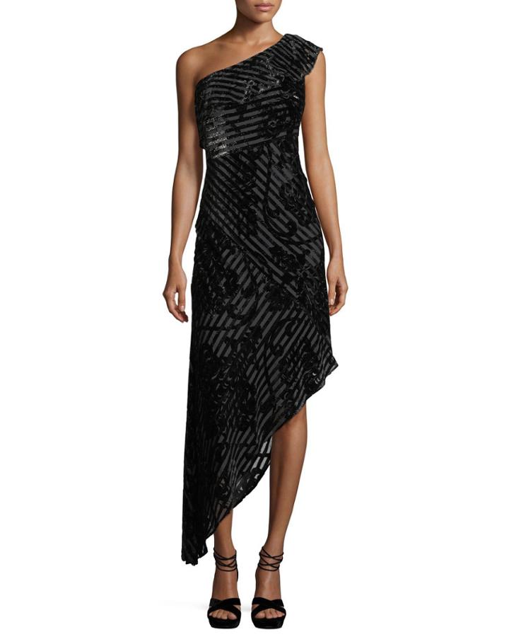 One-shoulder Striped Devor&eacute; Asymmetric Cocktail Dress