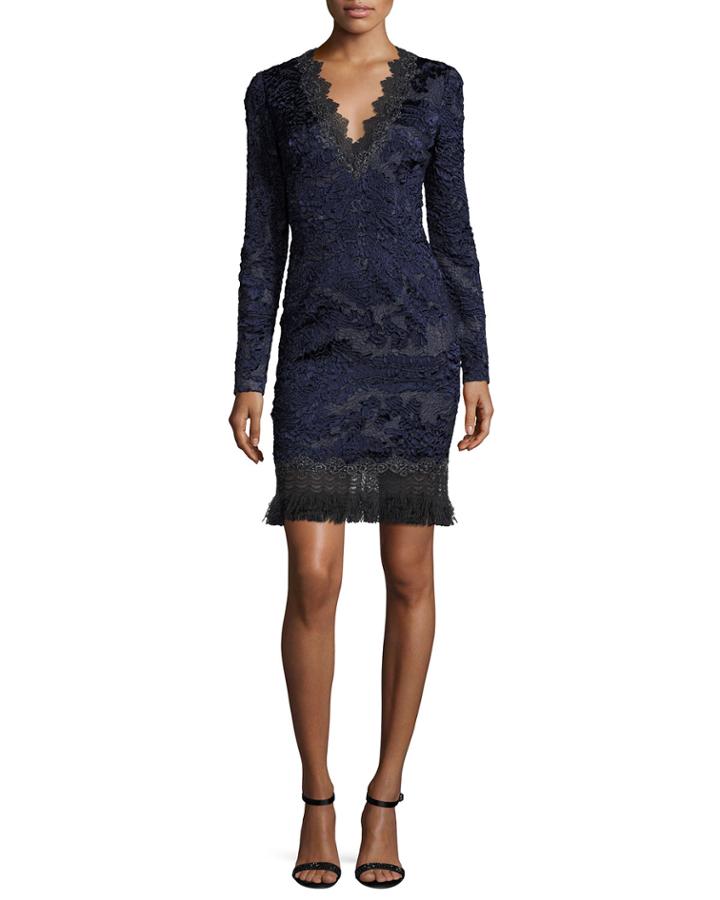 Camden Long-sleeve Lace Dress W/ Fringe Hem, Navy