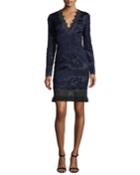 Camden Long-sleeve Lace Dress W/ Fringe Hem, Navy