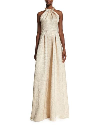 Beaded-neck Jacquard Ball Gown, Gold