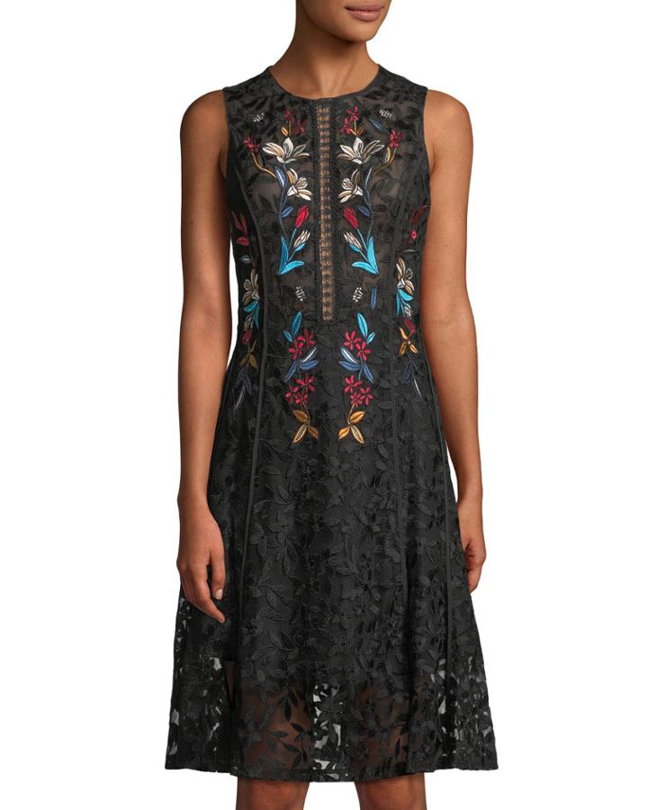 Dewdrop Sleeveless Floral Lace Cocktail Dress, Black