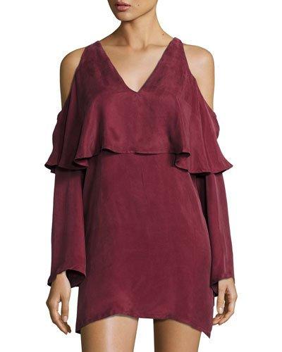 Belle Ruffled Cold-shoulder Dress, Crimson