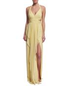 Sleeveless V-neck Draped Halter Gown