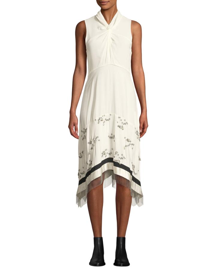 Twist-front Embellished Silk Sleeveless Dress With Chain Fringe