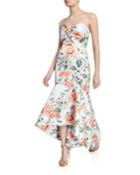 Lilac Floral-printed Strapless High-low Satin Bustier Gown