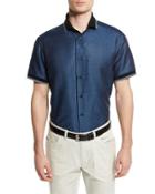 Geometric-print Short-sleeve Shirt With Contrast Trim, Navy