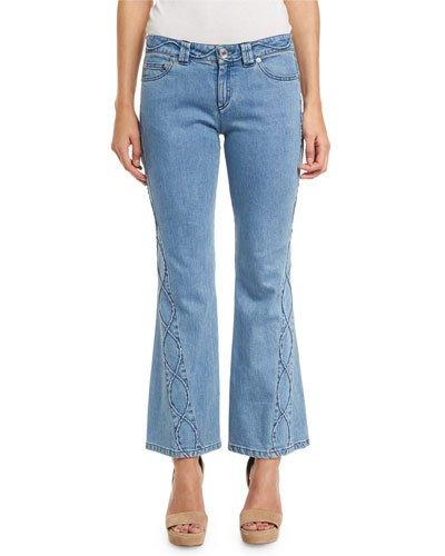 Embroidered Cropped Flare Jeans, Blue