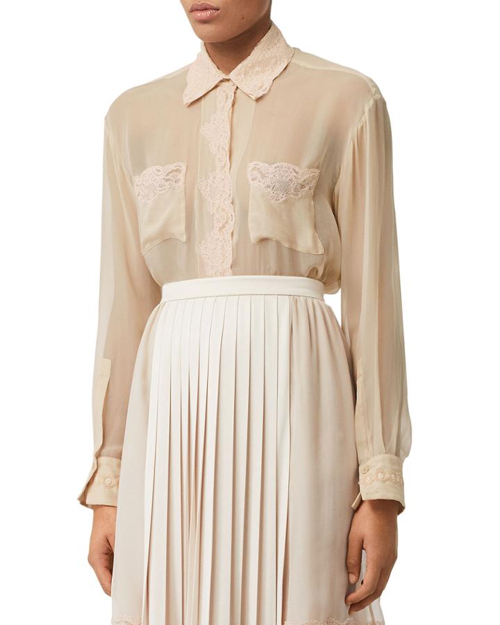 Lace-trim Silk Chiffon Button-front