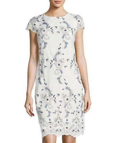 Cap-sleeve Embroidered-mesh Dress