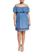 Off-the-shoulder Chambray Dress, Light Blue,
