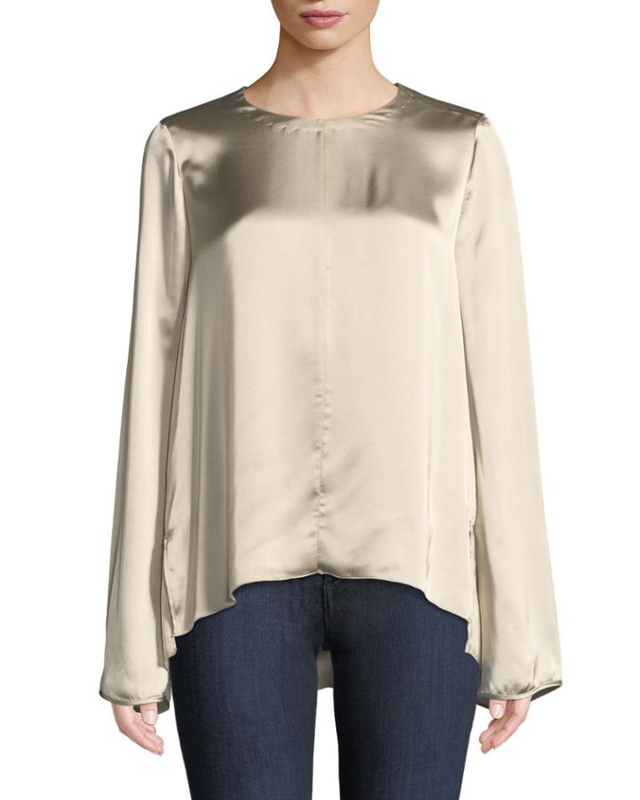 Fluid Satin Long-sleeve Round-neck Top