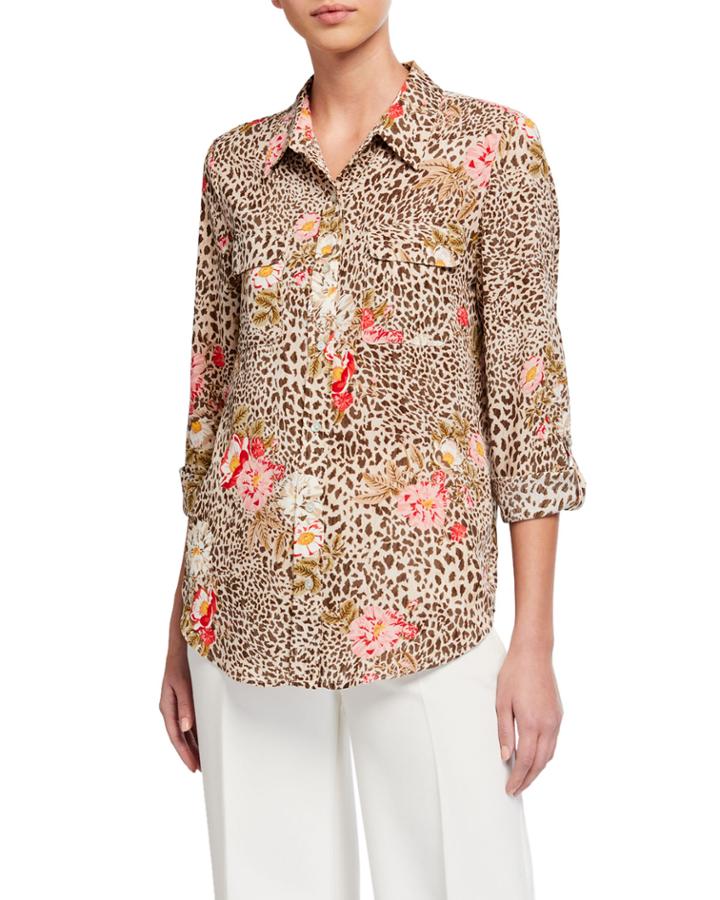 Floral Leopard-print Shirt W/ Roll-tab