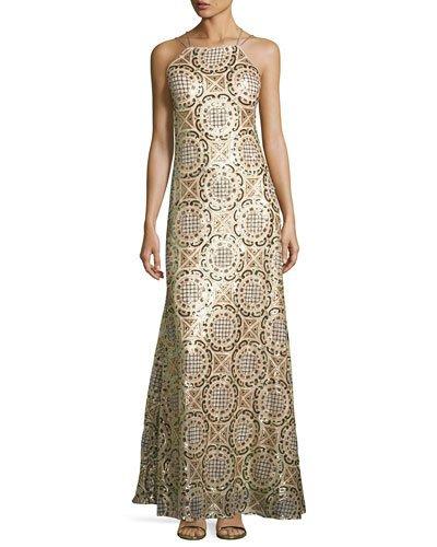 Open-back Geometric-print Gown, Gold