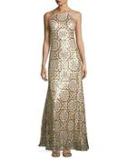 Open-back Geometric-print Gown, Gold