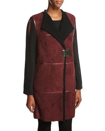 Celeste Long Leather-trimmed Shearling Fur Vest, Cabernet/black