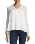 Long-sleeve V-neck Tiered Blouse, White