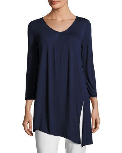 3/4-sleeve V-neck Asymmetric Top, Navy