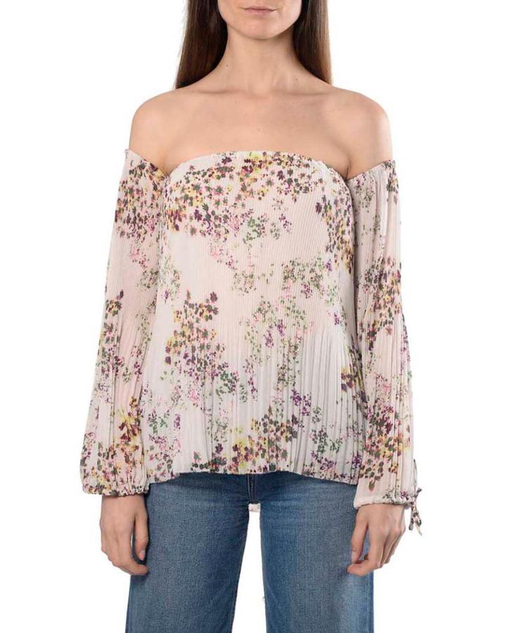 Off-the-shoulder Long-sleeve Pleated Blouse
