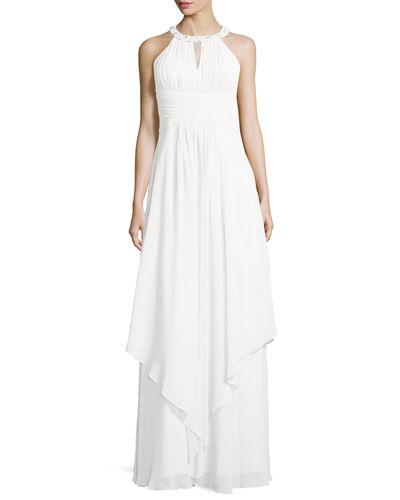 Sleeveless Beaded Halter Gown