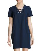 Short-sleeve Crepe Lace-up Shift Dress, Navy