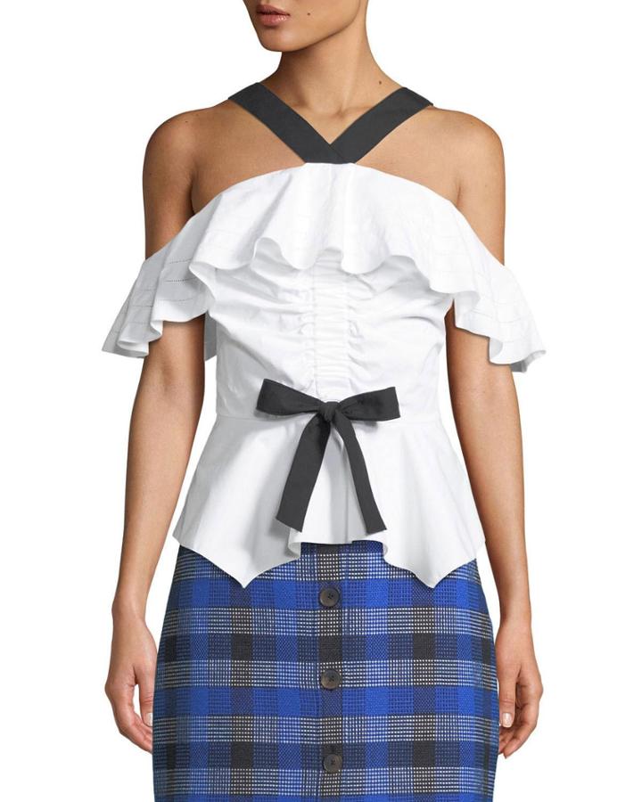 Off-the-shoulder Ruffle Poplin Halter Top
