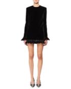 Jewel-neck Long-sleeve Velvet Mini Dress W/ Feather Trim