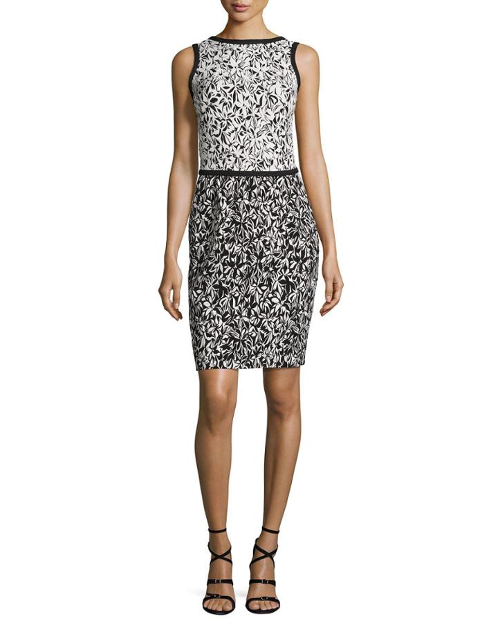 Bicolor Floral Sleeveless Dress, Black/white