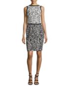 Bicolor Floral Sleeveless Dress, Black/white