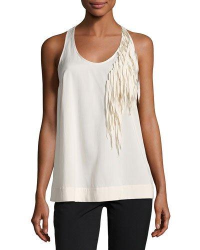 Fringed-trim Racerback Tank, Cream