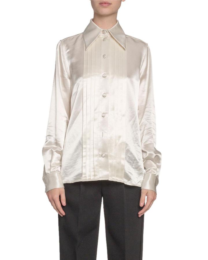 Pleated Satin Button-front Blouse