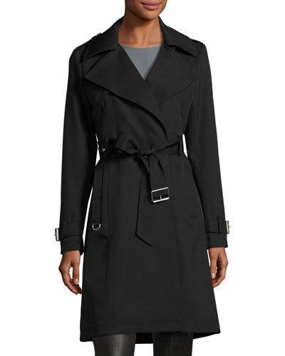 Draped Belted Trench Coat, Black