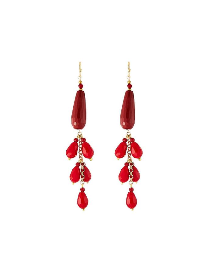 Linear Teardrop Crystal Dangle Earrings, Red