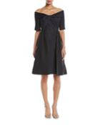 Off-the-shoulder Cloque Cocktail Dress W/ Full