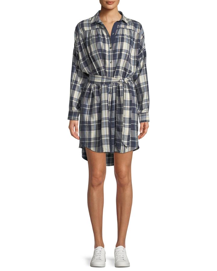 Long-sleeve Button-front Plaid Cotton