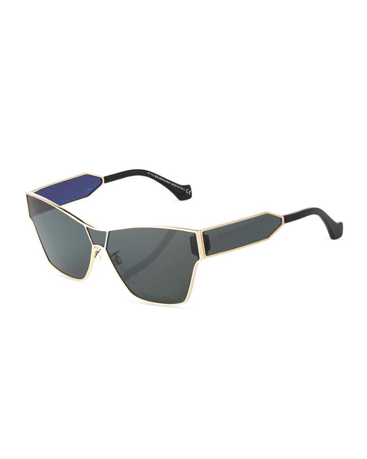 Metal Monochromatic Shield Sunglasses, Gold/smoke