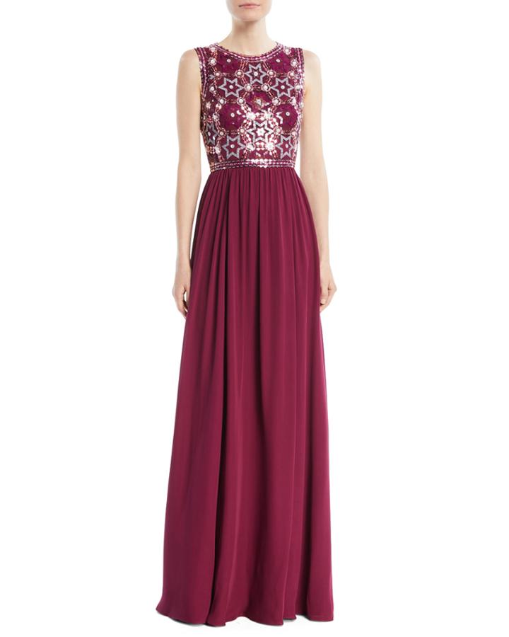 Star-sequin Embroidered Top With Chiffon Skirt Evening Gown