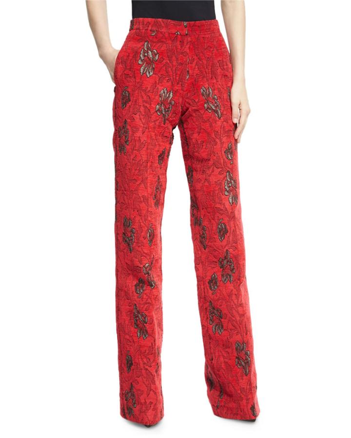 Velvet Floral Jacquard High-waist Wide-leg Pants