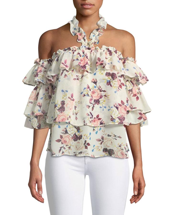 Giselle Off-the-shoulder Tiered Ruffled Floral-print Top