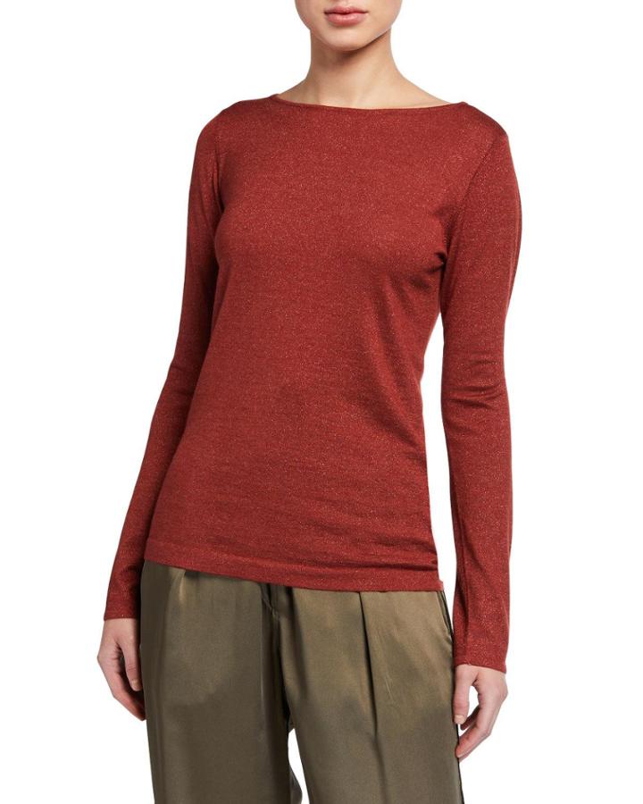Boat-neck Long-sleeve Metallic-knit Pullover