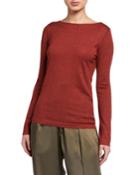 Boat-neck Long-sleeve Metallic-knit Pullover